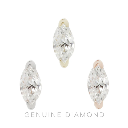 Zuri threadless end with marquise-cut genuine diamond in yellow, white, and rose gold settings.