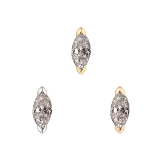 Zuri threadless end featuring marquise-cut grey diamond in yellow, white, and rose gold settings