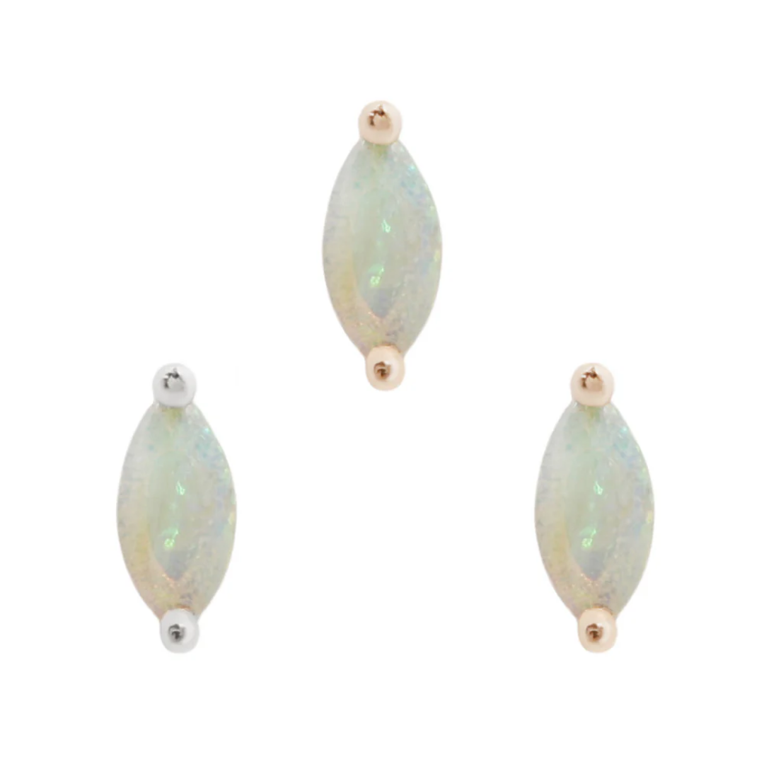 Zuri threadless end with marquise-cut opal stone set in yellow, white, and rose gold